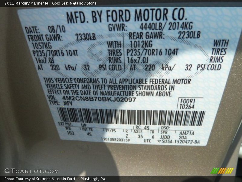 2011 Mariner I4 Gold Leaf Metallic Color Code UP