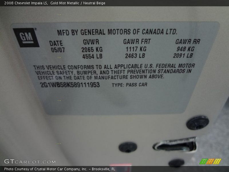 Gold Mist Metallic / Neutral Beige 2008 Chevrolet Impala LS