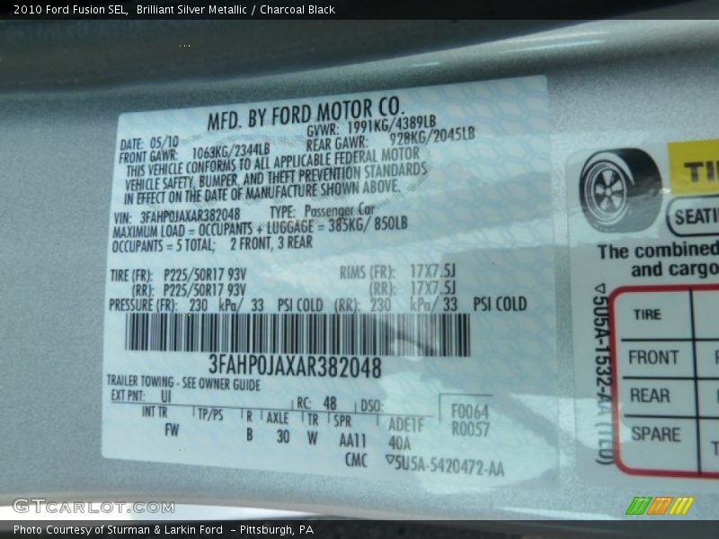 Brilliant Silver Metallic / Charcoal Black 2010 Ford Fusion SEL