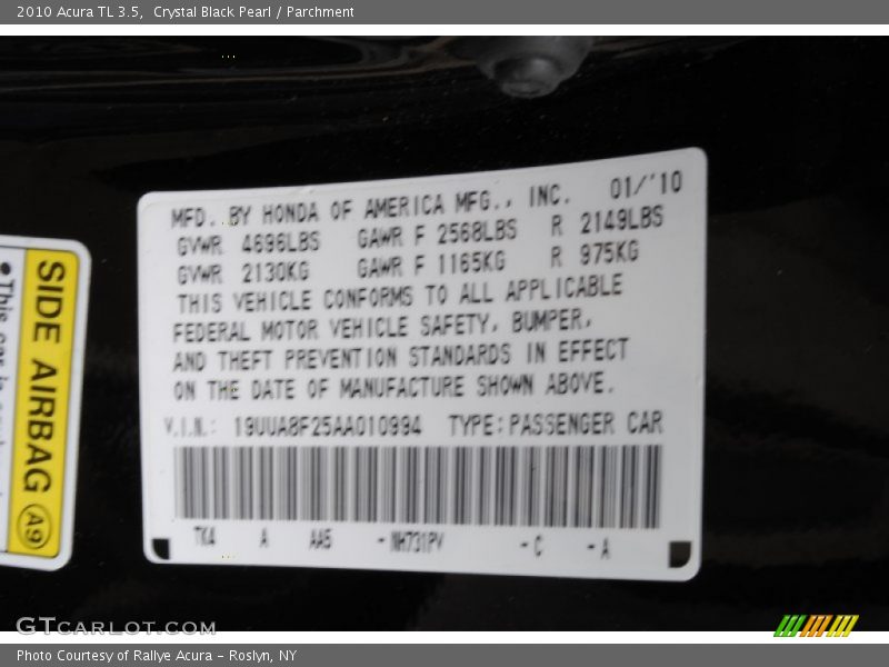 Crystal Black Pearl / Parchment 2010 Acura TL 3.5