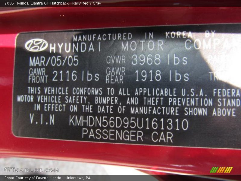 Rally Red / Gray 2005 Hyundai Elantra GT Hatchback
