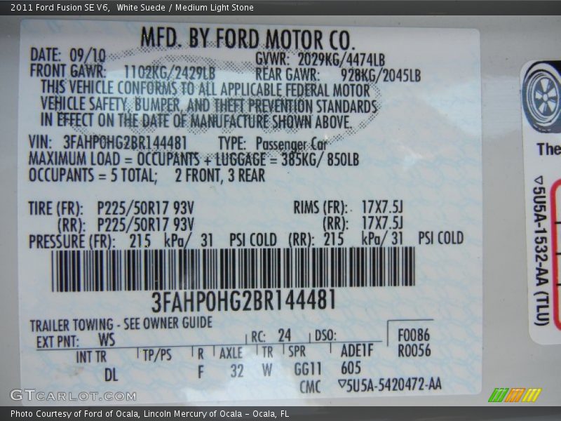 White Suede / Medium Light Stone 2011 Ford Fusion SE V6