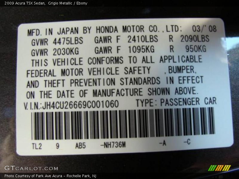 Grigio Metallic / Ebony 2009 Acura TSX Sedan