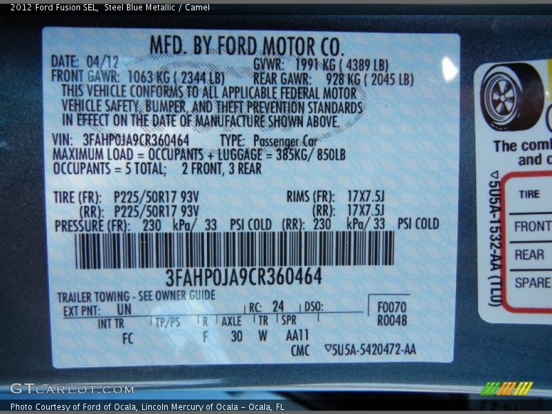 Steel Blue Metallic / Camel 2012 Ford Fusion SEL