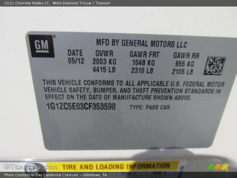 White Diamond Tricoat / Titanium 2012 Chevrolet Malibu LT