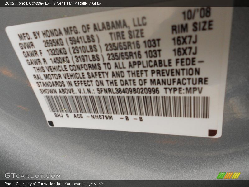 Silver Pearl Metallic / Gray 2009 Honda Odyssey EX