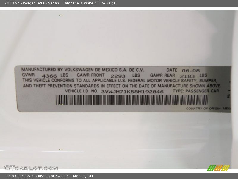 Campanella White / Pure Beige 2008 Volkswagen Jetta S Sedan