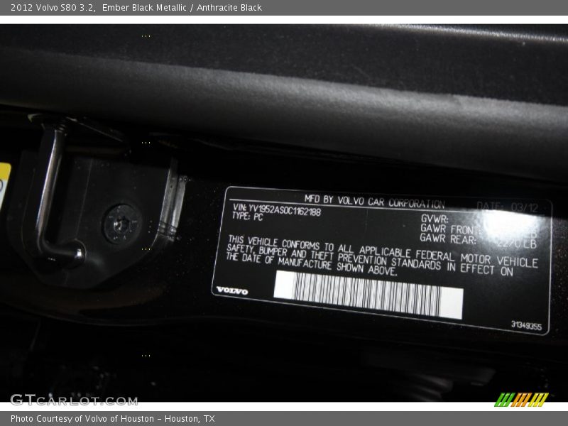 Ember Black Metallic / Anthracite Black 2012 Volvo S80 3.2