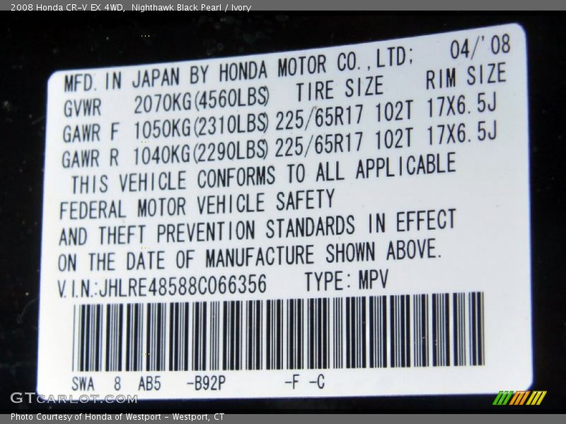 Nighthawk Black Pearl / Ivory 2008 Honda CR-V EX 4WD