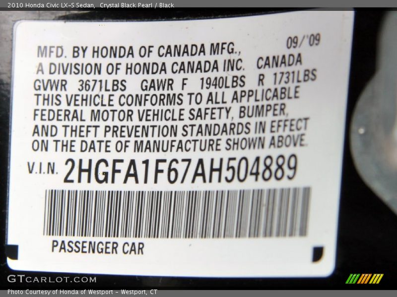 Crystal Black Pearl / Black 2010 Honda Civic LX-S Sedan