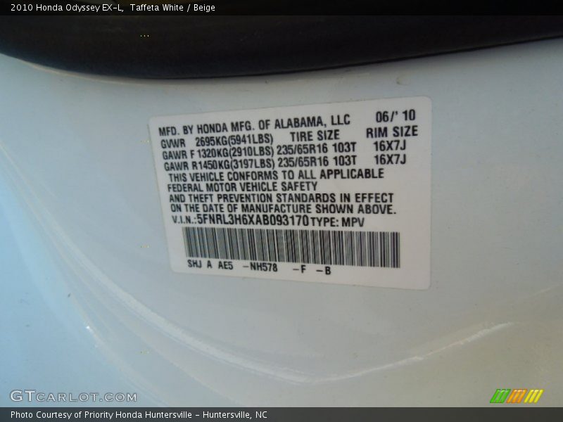 2010 Odyssey EX-L Taffeta White Color Code NH578