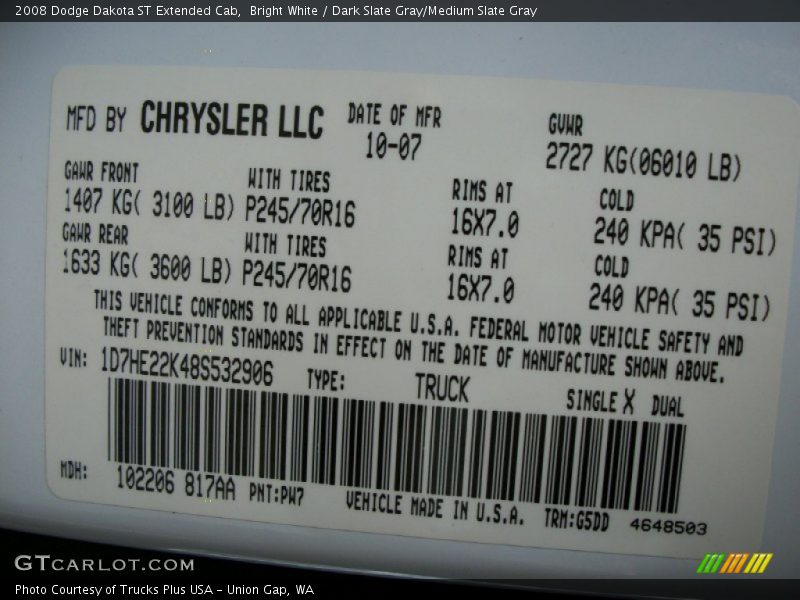 2008 Dakota ST Extended Cab Bright White Color Code PW7