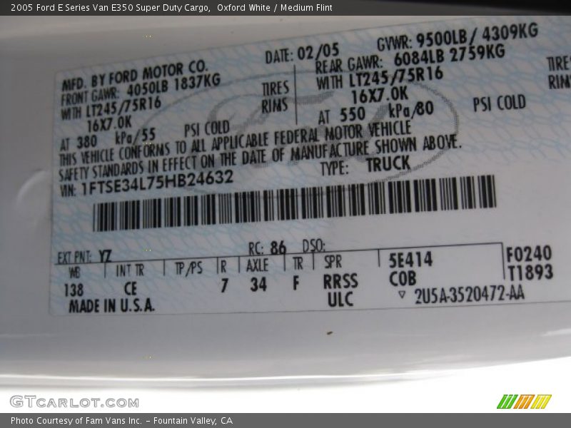 2005 E Series Van E350 Super Duty Cargo Oxford White Color Code YZ