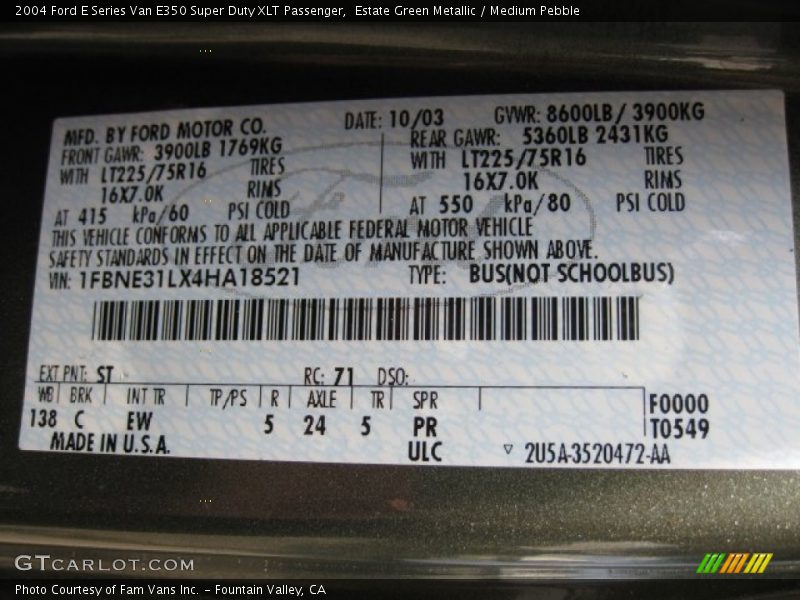 Estate Green Metallic / Medium Pebble 2004 Ford E Series Van E350 Super Duty XLT Passenger