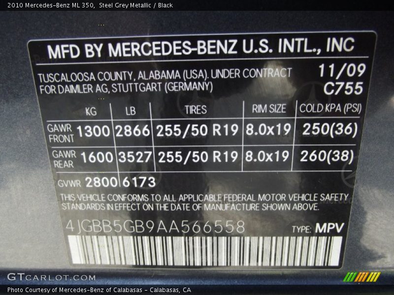 Steel Grey Metallic / Black 2010 Mercedes-Benz ML 350