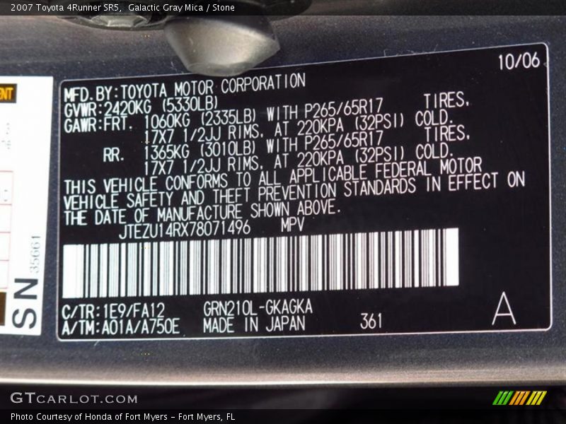 2007 4Runner SR5 Galactic Gray Mica Color Code 1E9