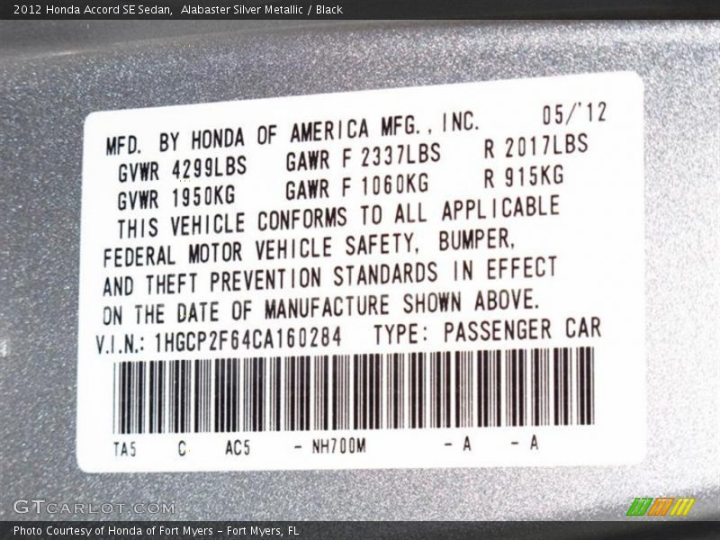 Alabaster Silver Metallic / Black 2012 Honda Accord SE Sedan