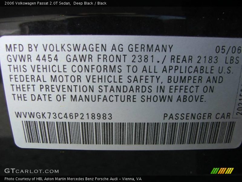 Deep Black / Black 2006 Volkswagen Passat 2.0T Sedan