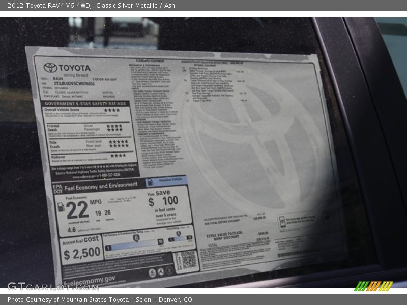  2012 RAV4 V6 4WD Window Sticker