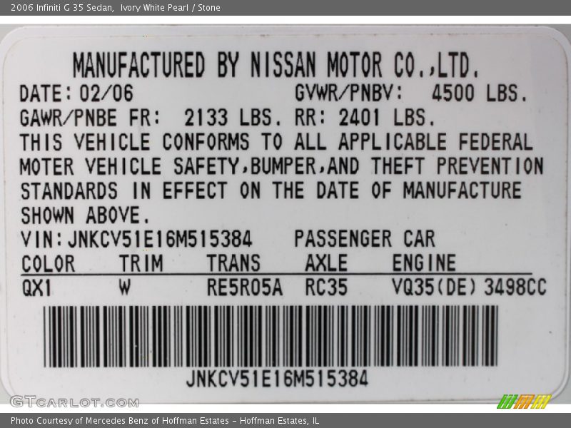 2006 G 35 Sedan Ivory White Pearl Color Code QX1