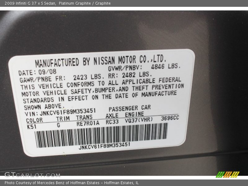 Platinum Graphite / Graphite 2009 Infiniti G 37 x S Sedan