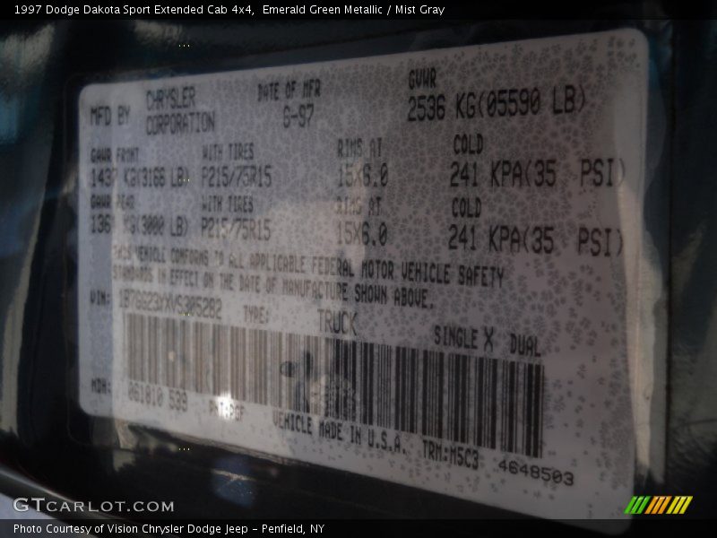 1997 Dakota Sport Extended Cab 4x4 Emerald Green Metallic Color Code PGF