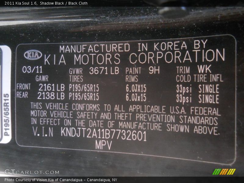 Shadow Black / Black Cloth 2011 Kia Soul 1.6