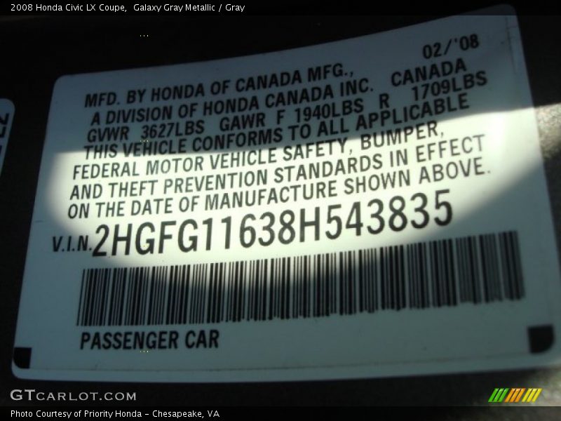 Galaxy Gray Metallic / Gray 2008 Honda Civic LX Coupe