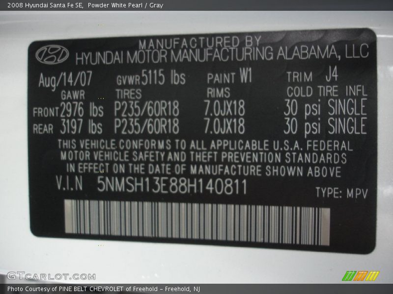 2008 Santa Fe SE Powder White Pearl Color Code W1