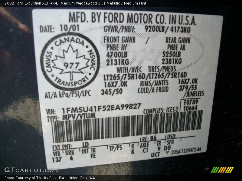 2002 Excursion XLT 4x4 Medium Wedgewood Blue Metallic Color Code LD