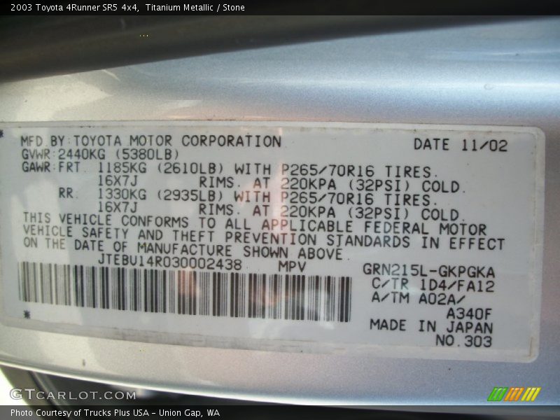 Titanium Metallic / Stone 2003 Toyota 4Runner SR5 4x4