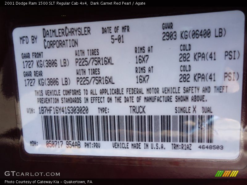 2001 Ram 1500 SLT Regular Cab 4x4 Dark Garnet Red Pearl Color Code PRV