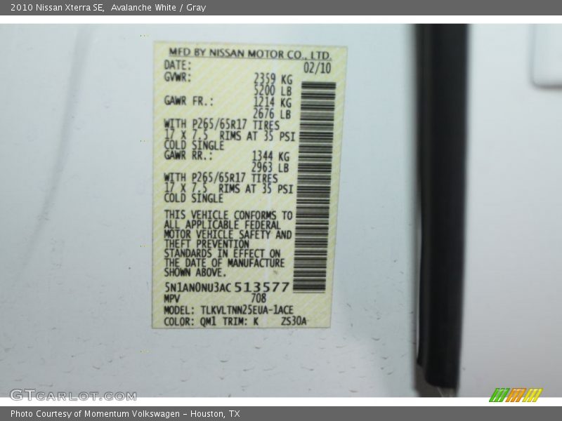 Avalanche White / Gray 2010 Nissan Xterra SE
