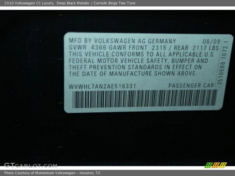 Deep Black Metallic / Cornsilk Beige Two Tone 2010 Volkswagen CC Luxury
