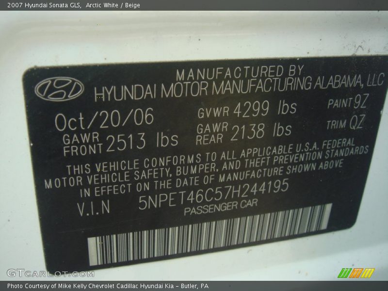 2007 Sonata GLS Arctic White Color Code 9Z