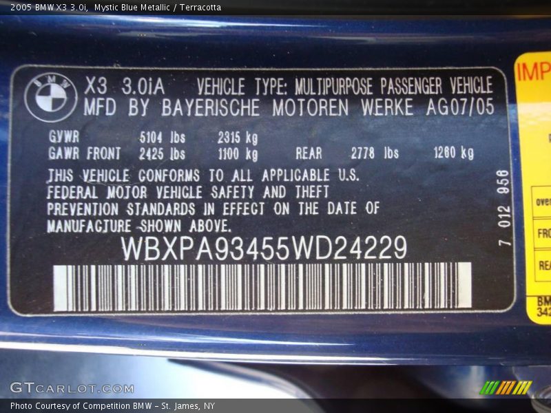 Mystic Blue Metallic / Terracotta 2005 BMW X3 3.0i