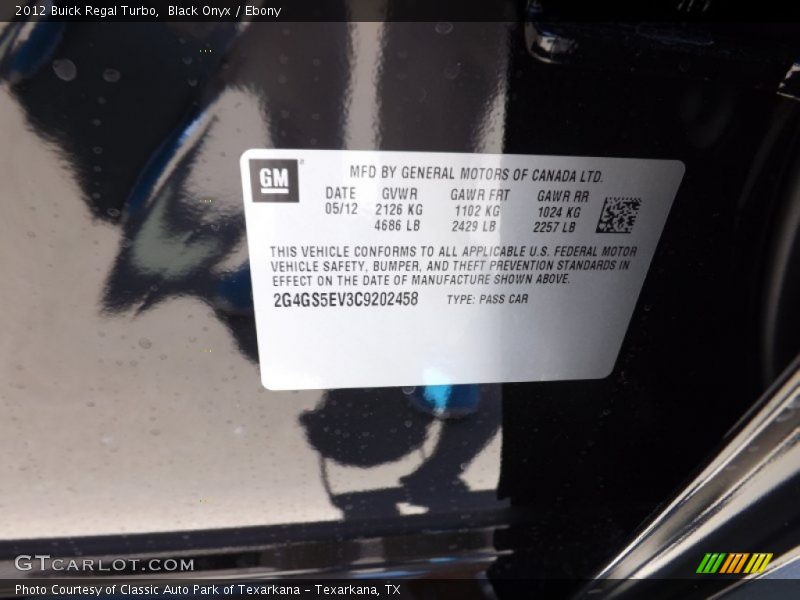 Black Onyx / Ebony 2012 Buick Regal Turbo