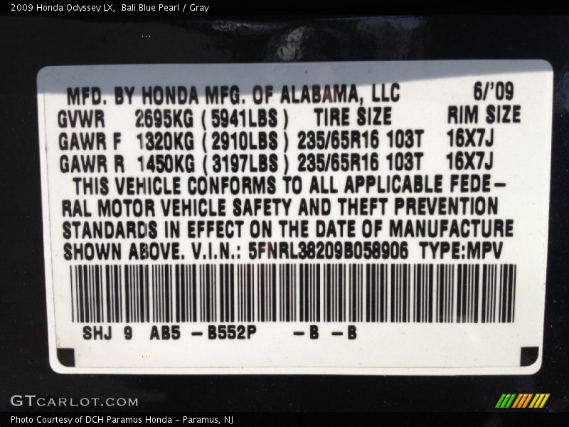 Bali Blue Pearl / Gray 2009 Honda Odyssey LX