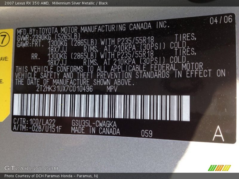 Millennium Silver Metallic / Black 2007 Lexus RX 350 AWD