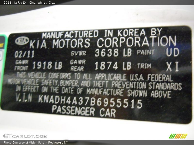 2011 Rio LX Clear White Color Code UD