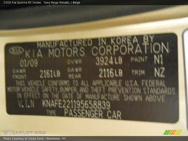 2009 Spectra EX Sedan Sand Beige Metallic Color Code N1