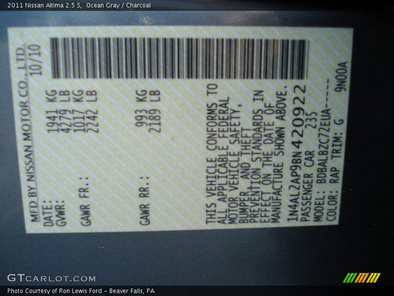 Ocean Gray / Charcoal 2011 Nissan Altima 2.5 S