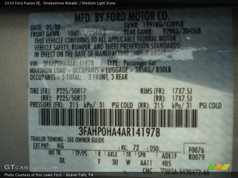 2010 Fusion SE Smokestone Metallic Color Code HG