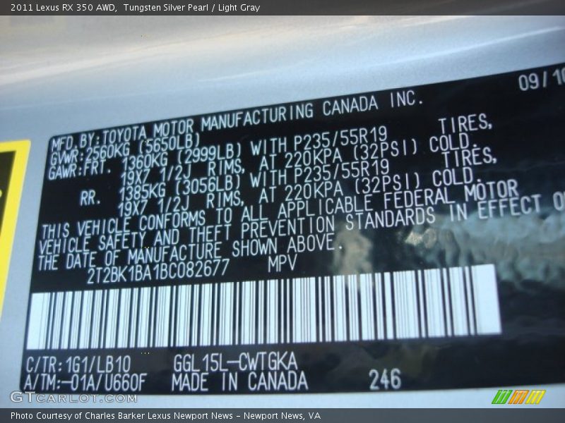 Tungsten Silver Pearl / Light Gray 2011 Lexus RX 350 AWD