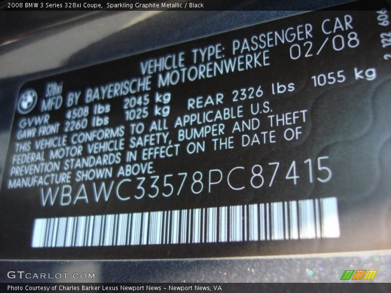 Sparkling Graphite Metallic / Black 2008 BMW 3 Series 328xi Coupe