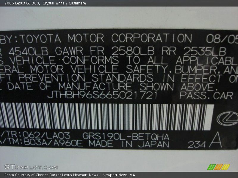 2006 GS 300 Crystal White Color Code 062