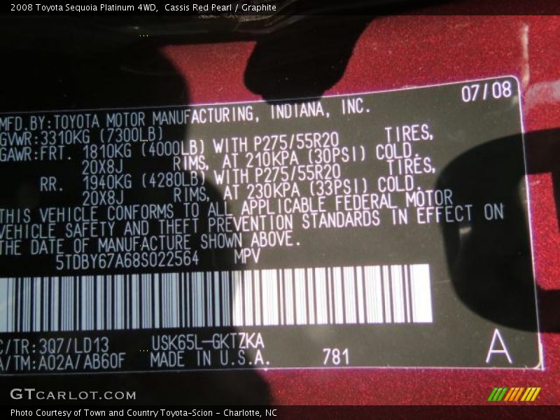 2008 Sequoia Platinum 4WD Cassis Red Pearl Color Code 3Q7