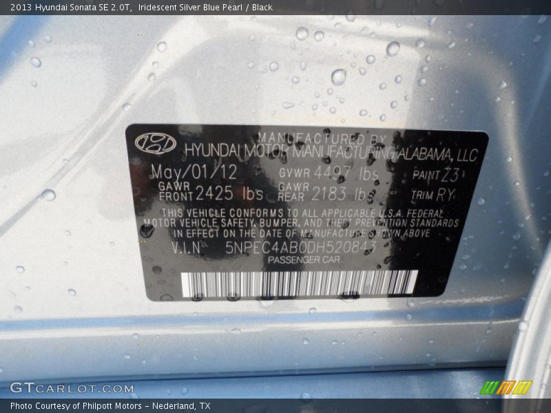 2013 Sonata SE 2.0T Iridescent Silver Blue Pearl Color Code Z3
