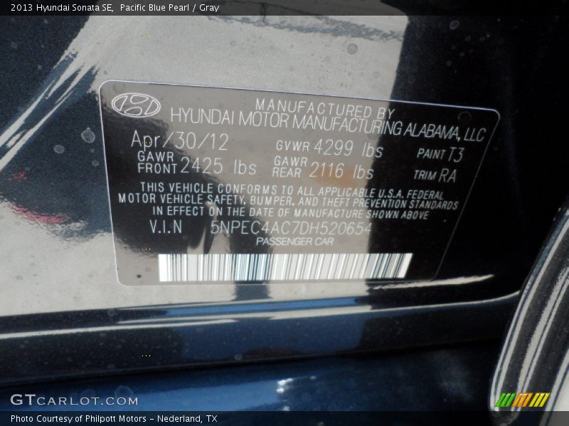 Pacific Blue Pearl / Gray 2013 Hyundai Sonata SE