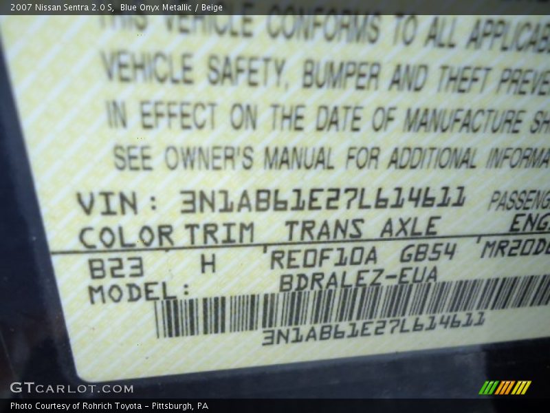 2007 Sentra 2.0 S Blue Onyx Metallic Color Code B23